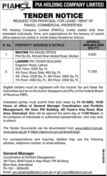 PIA Housing Company Limited Islamabad Tender Notice
